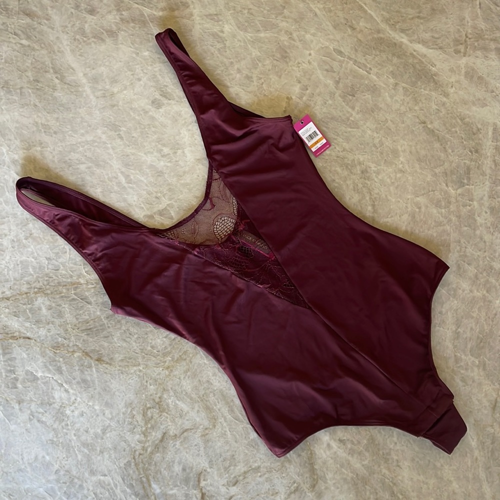 Vince Camuto Bodysuit - Burgundy Deep V Neck Top - Berry Bodysuit - NWT Size S/P